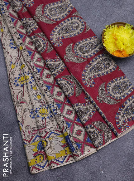 Kalamkari semi silk saree cream and yellow with allover prints and printed border