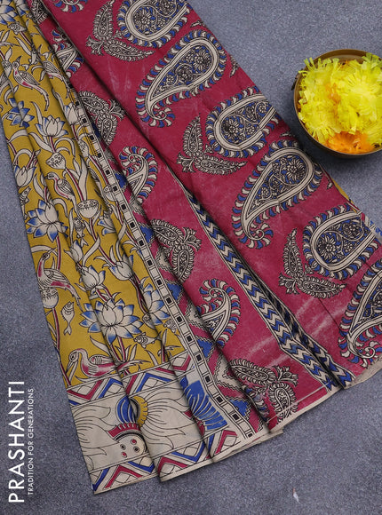 Kalamkari semi silk saree yellow and cream with allover prints and printed border