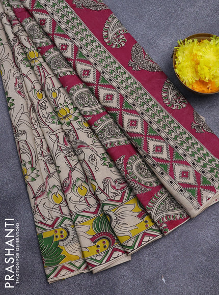 Kalamkari semi silk saree cream and yellow with allover prints and printed border