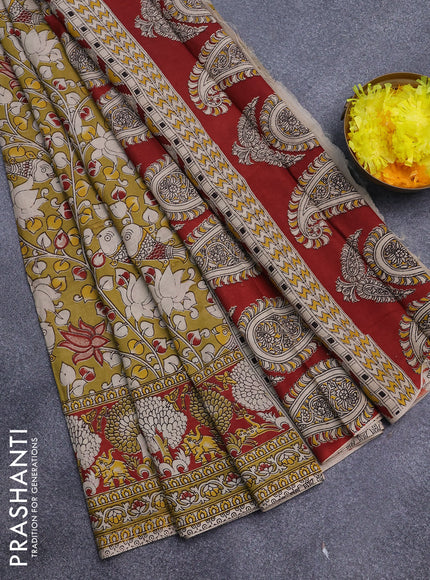 Kalamkari semi silk saree mustard shade and maroon with allover prints and printed border