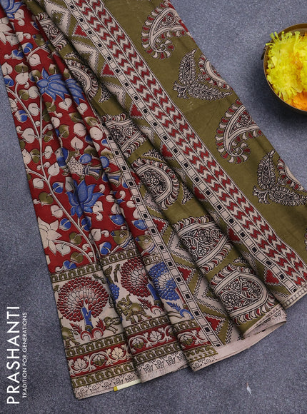 Kalamkari semi silk saree maroon and beige with allover prints and printed border