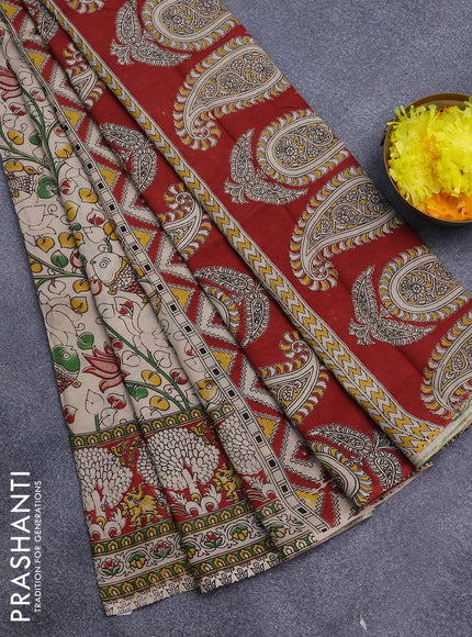 Kalamkari semi silk saree cream and maroon with allover prints and printed border