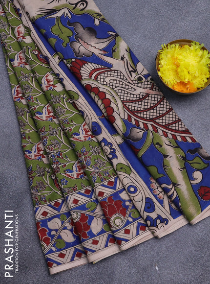 Kalamkari semi silk saree mehendi green and blue with allover prints and printed border