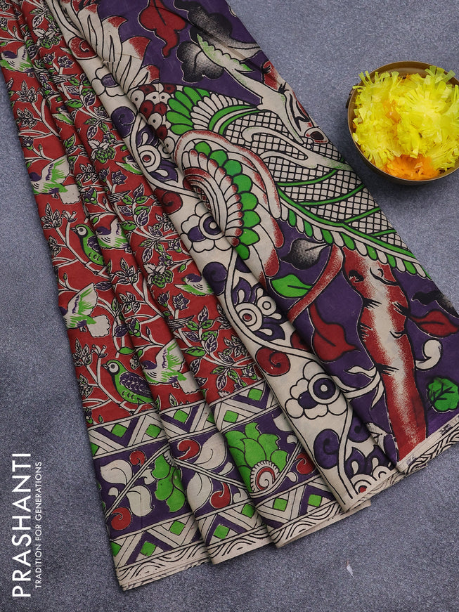 Kalamkari semi silk saree maroon and violet with allover prints and printed border