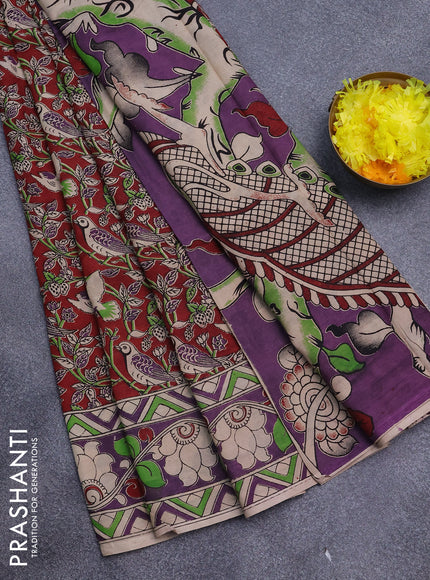 Kalamkari semi silk saree maroon and cream purple with allover prints and printed border