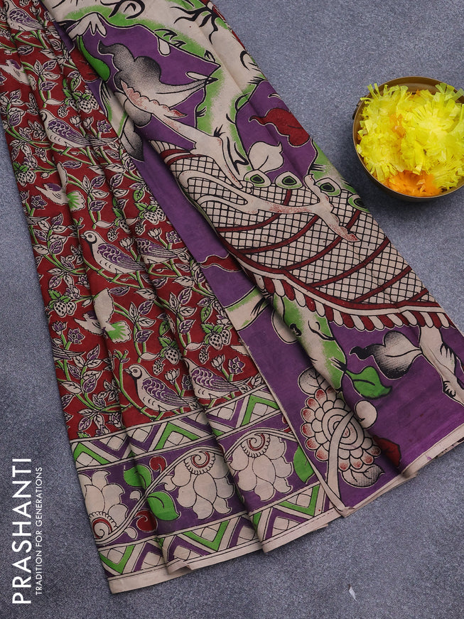 Kalamkari semi silk saree maroon and cream purple with allover prints and printed border