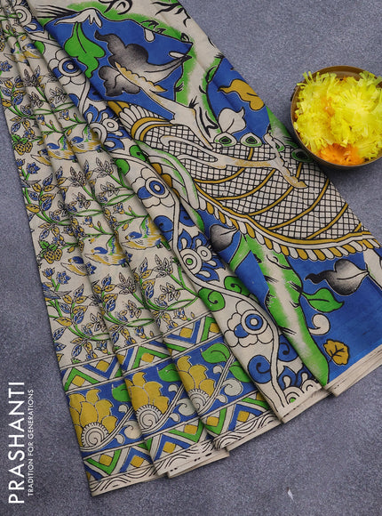 Kalamkari semi silk saree cream and blue with allover prints and printed border