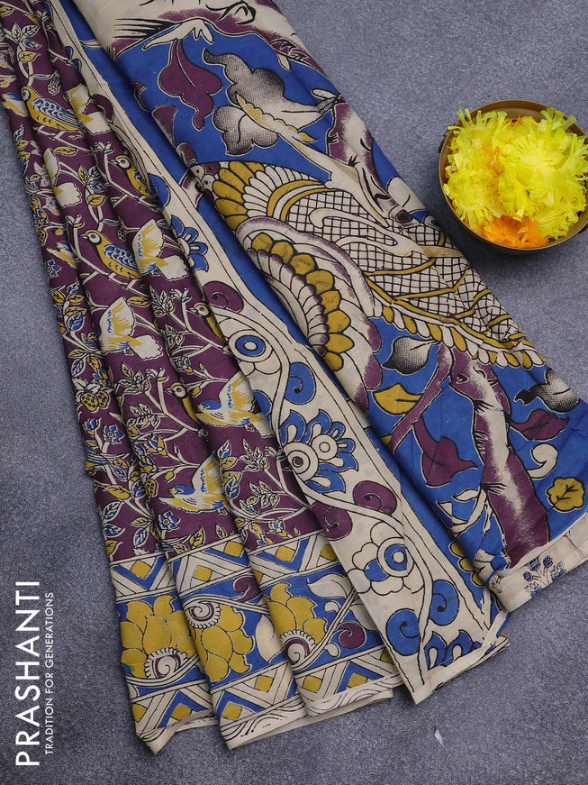 Kalamkari semi silk saree wine shade and blue cream with allover prints and printed border