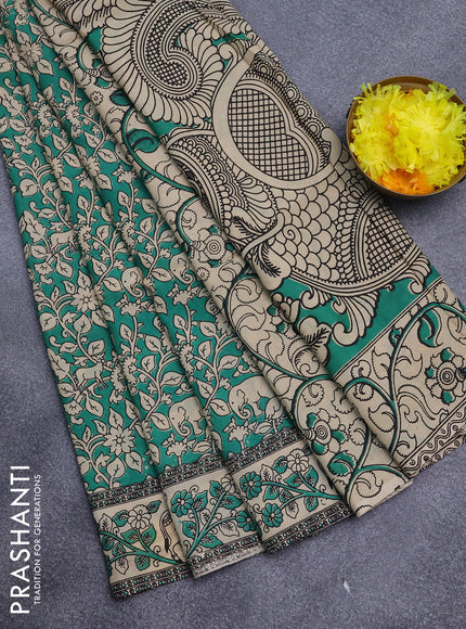 Kalamkari semi silk saree green and cream with allover prints and printed border