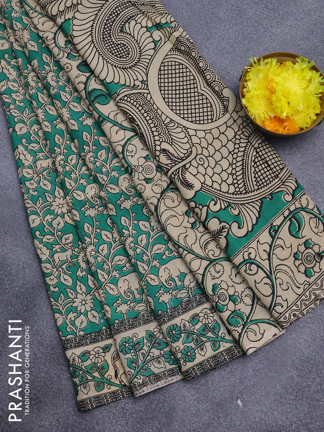 Kalamkari semi silk saree green and cream with allover prints and printed border