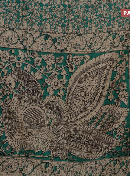 Kalamkari semi silk saree green and cream with allover prints and printed border