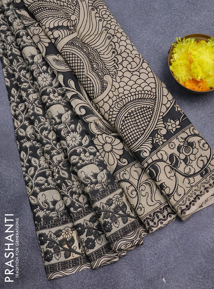 Kalamkari semi silk saree grey and cream with allover prints and printed border