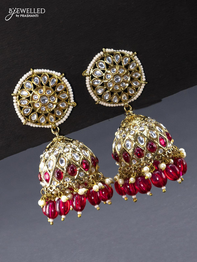 Fashion dangler jhumkas dark pink and cz stone with beads hangings - {{ collection.title }} by Prashanti Sarees