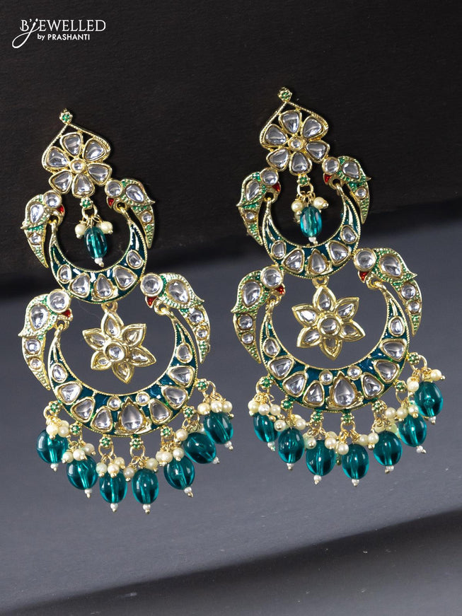 Fashion dangler teal blue earrings with kundan stones and beads hangings - {{ collection.title }} by Prashanti Sarees