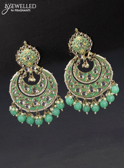 Fashion dangler chandbali teal green minakari earrings with kundan stones and beads hangings