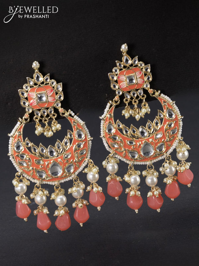 Fashion dangler chandbali peach minakari earrings with kundan stones and beads hangings