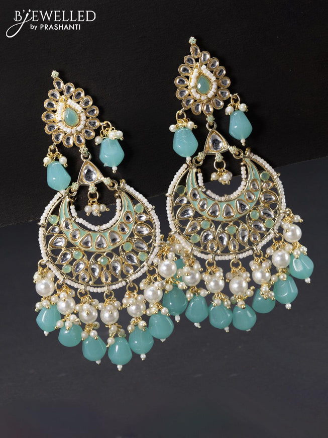 Fashion dangler chandbali teal blue minakari earrings with kundan stones and beads hangings