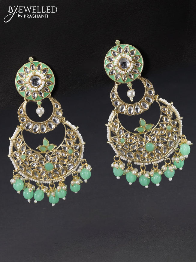 Fashion dangler chandbali teal green minakari earrings with kundan stones and beads hangings