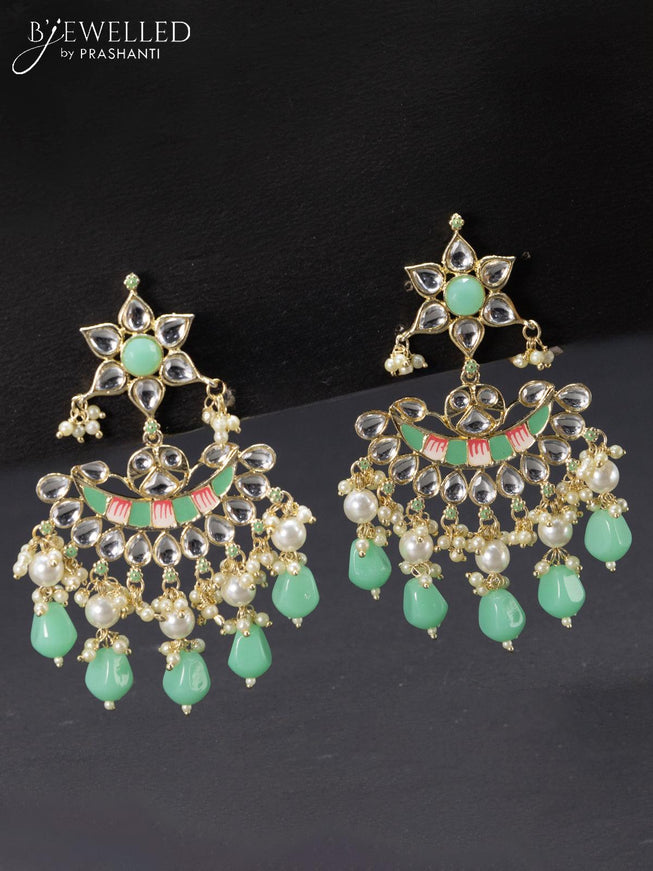 Fashion dangler chandbali teal green minakari earrings with kundan stones and beads hangings