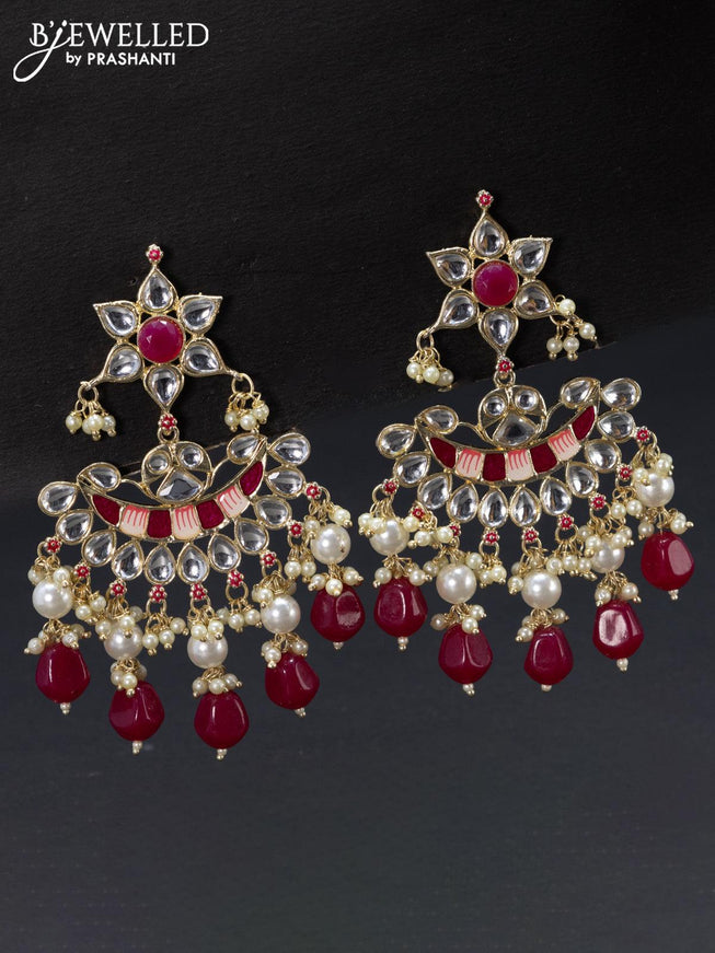 Fashion dangler chandbali dark pink minakari earrings with kundan stones and beads hangings