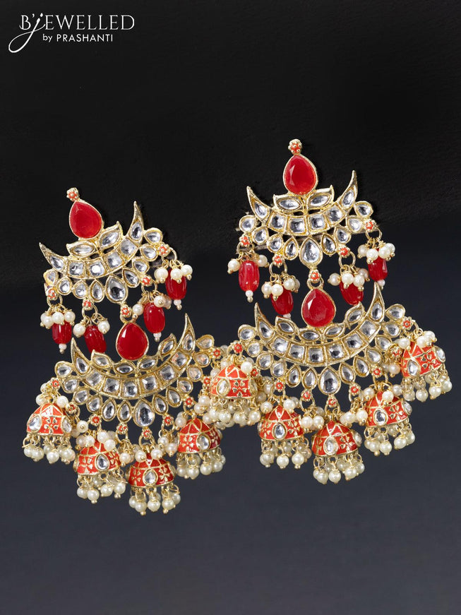 Fashion dangler chandbali red minakari earrings with kundan stones and pearl hangings