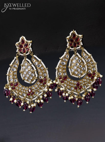 Fashion dangler wine shade minakari earrings with kundan stones and beads hangings