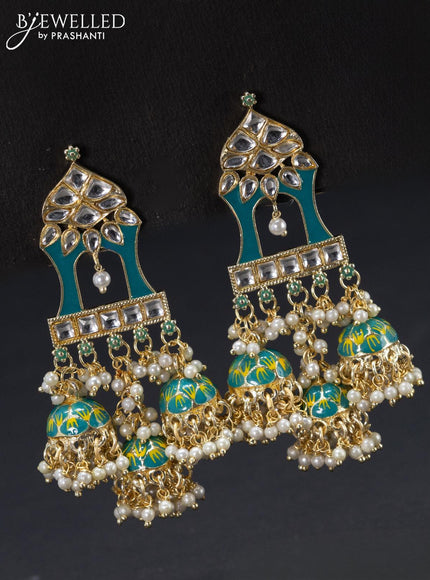 Fashion dangler teal blue minakari earrings with kundan stones and pearl hangings