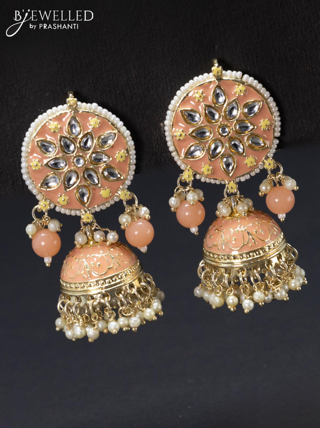 Fashion dangler peach jhumka with kundan stone and pearl hangings