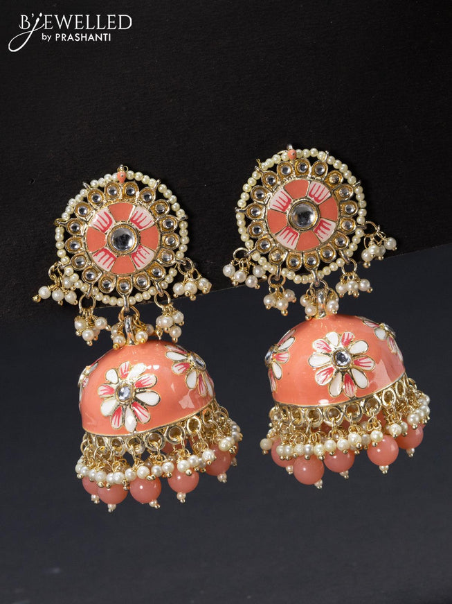 Fashion dangler peach jhumka with kundan stone and beads hangings