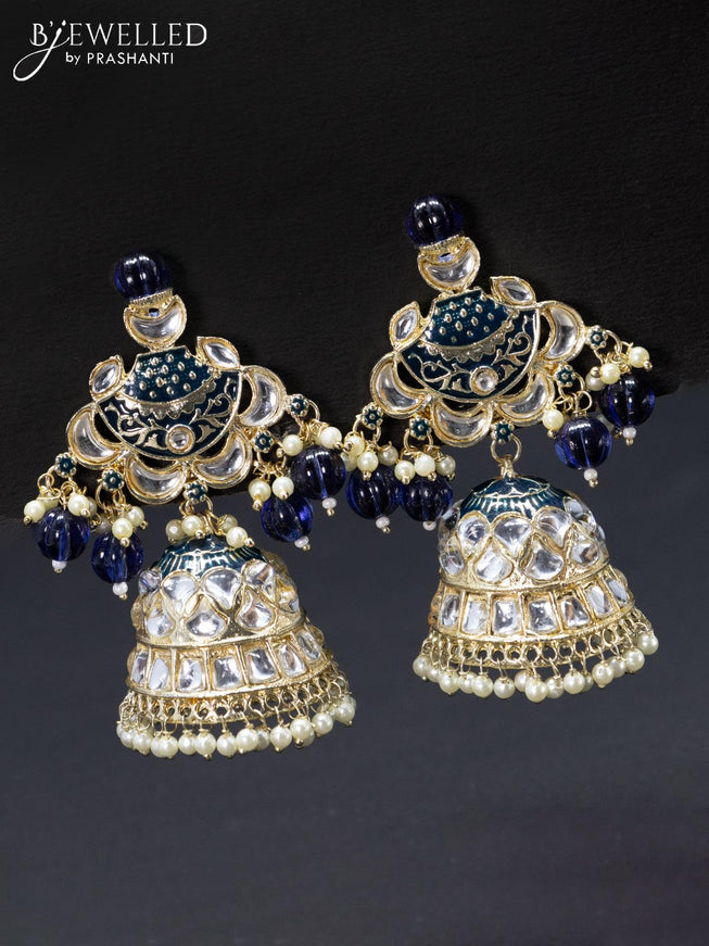 Fashion dangler blue jhumka with kundan stone and pearl hangings