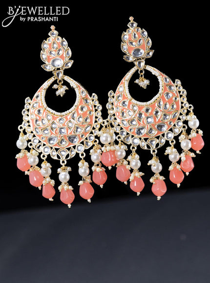 Fashion dangler chandbali peach pink minakari earrings with beads and pearl hangings