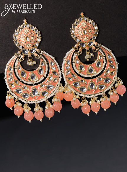 Fashion dangler chandbali peach pink minakari earrings with pearl hanging