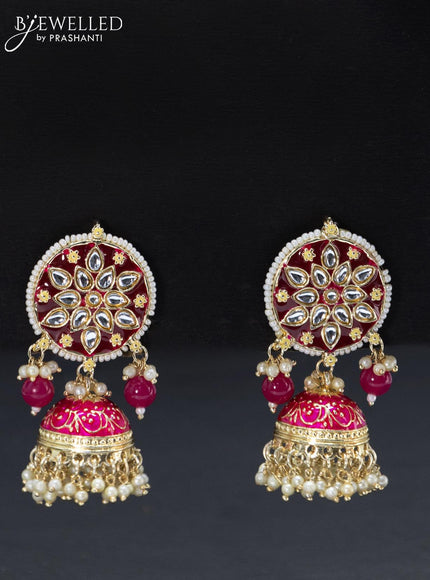 Fashion dangler jhumkas with pink minakari and pearl hangings