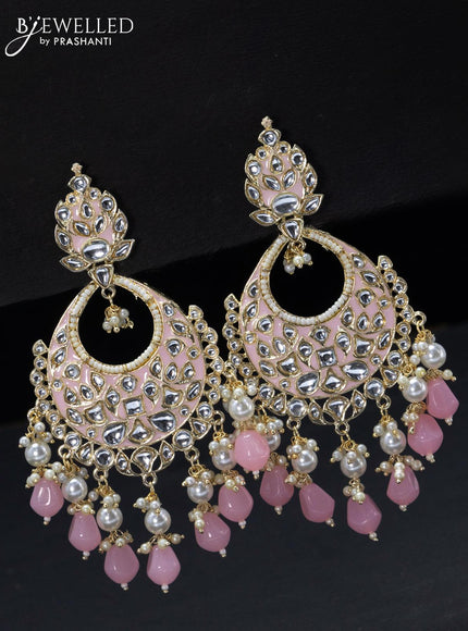 Fashion dangler chandbali baby pink minakari earrings with pearl hangings