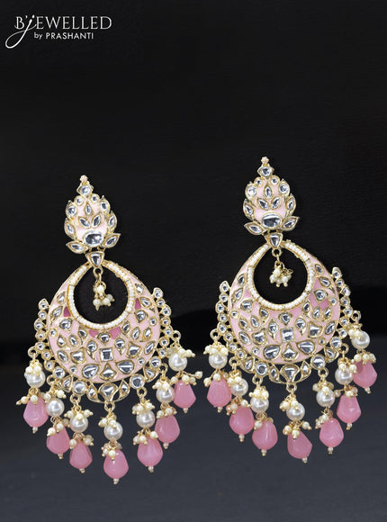 Fashion dangler chandbali baby pink minakari earrings with pearl hangings