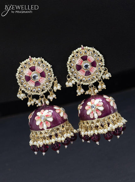 Fashion dangler minakari purple jhumkas with pearl hangings