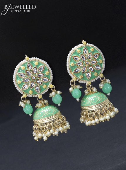 Fashion dangler jhumkas with mint green minakari and pearl hangings