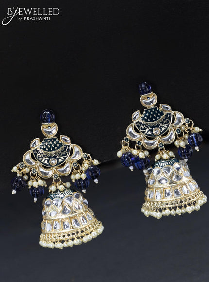 Fashion dangler blue jhumkas with kundan stones and pearl hangings