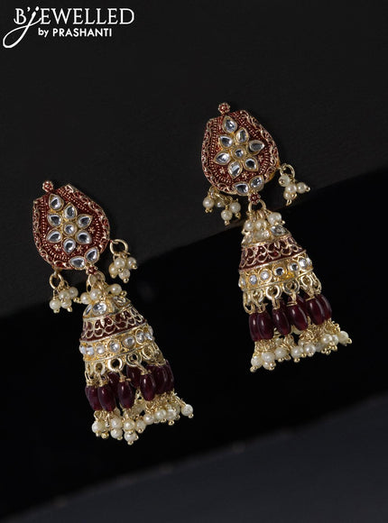 Fashion dangler maroon jhumka with kundan stones and pearl hangings