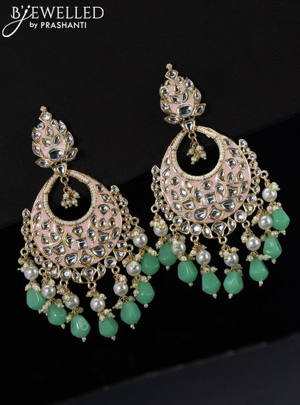 Fashion dangler chandbali peach pink minakari earrings with light green beads hangings