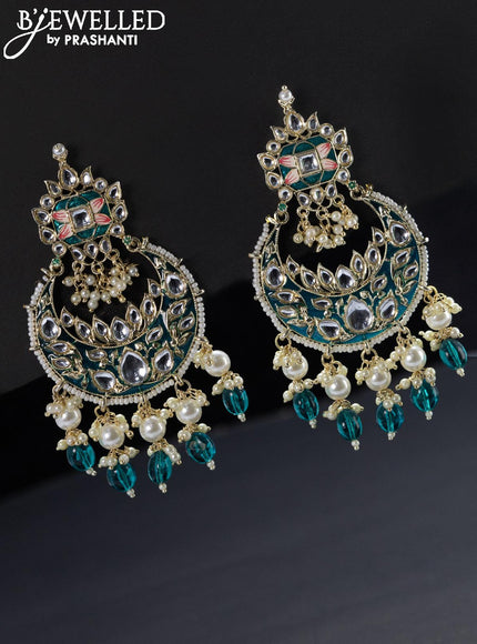 Fashion dangler chandbali peacock green minakari earrings with beads hangings