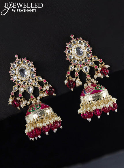 Fashion dangler pink jhumka with kundan stones and pearls & beads hangings