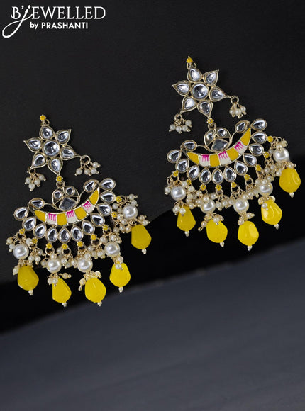 Fashion dangler chandbali yellow minakari earrings with pearl and beads hangings