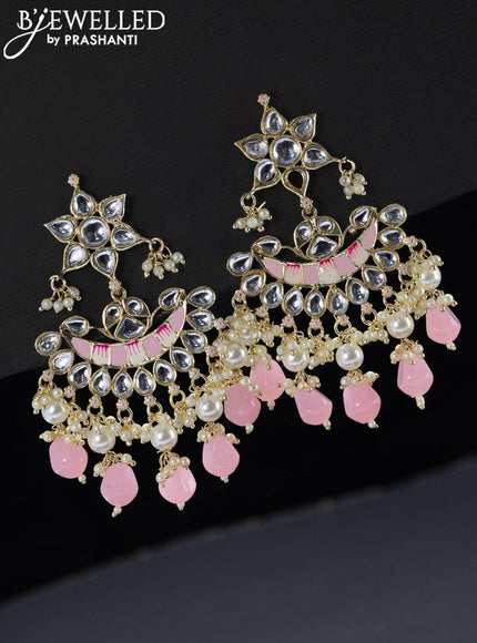 Fashion dangler chandbali baby pink minakari earrings with pearl and beads hangings