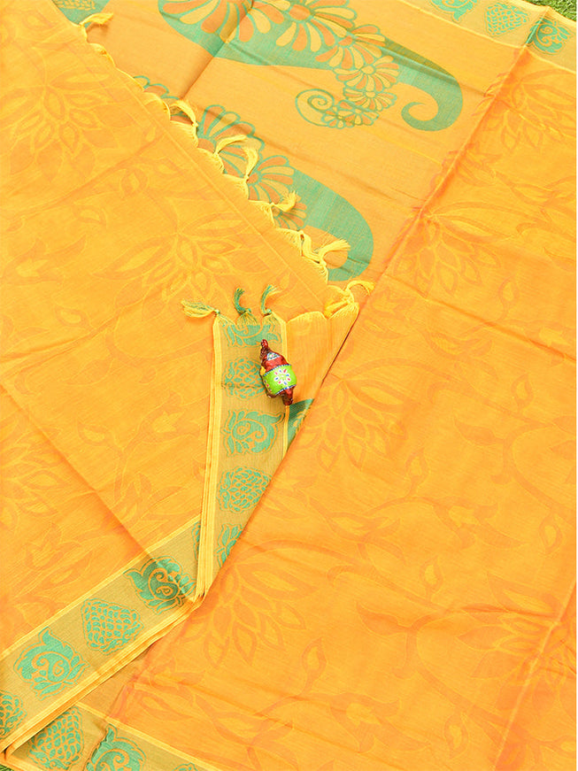 Coimbatore Cotton Yellow Emboss Saree with Thread Woven Border