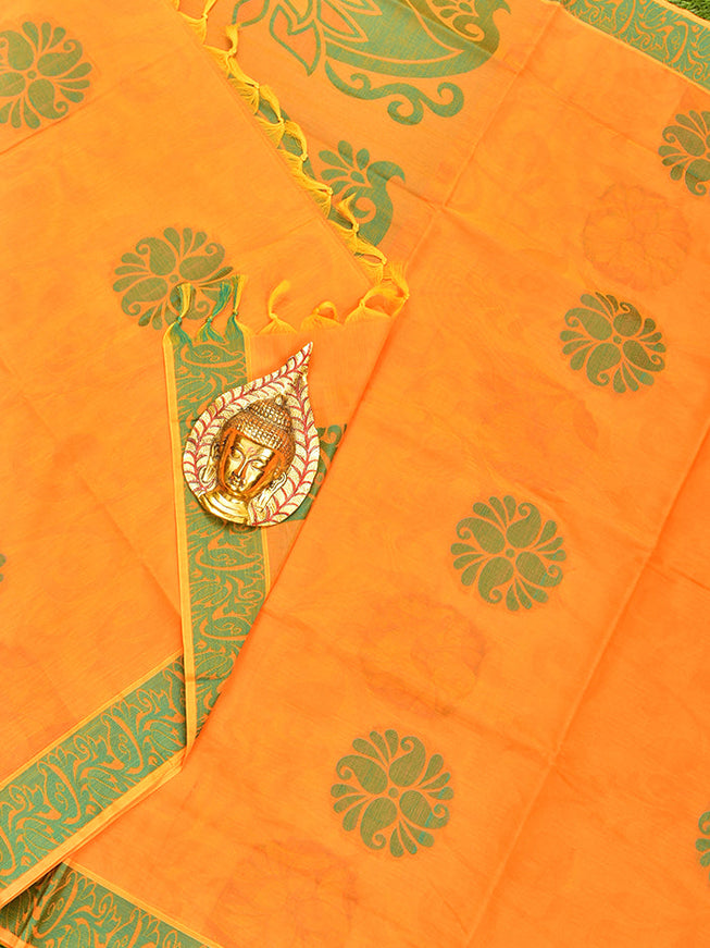 Coimbatore Cotton Orange Butta Saree with Thread Woven Border