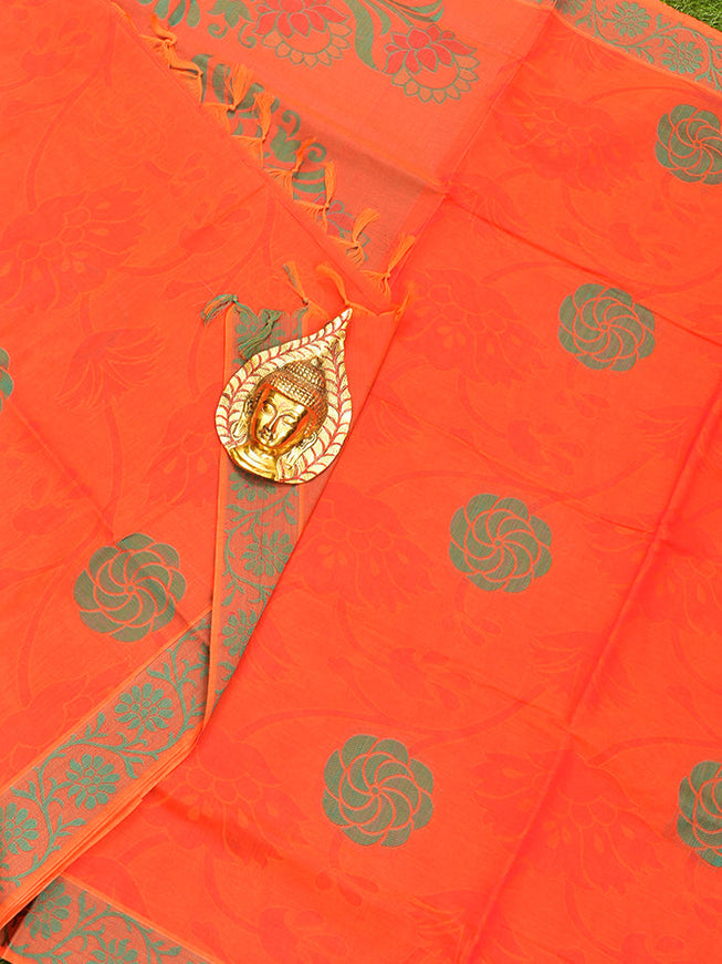 Coimbatore Cotton Dark Orange Butta Saree with Thread Woven Border