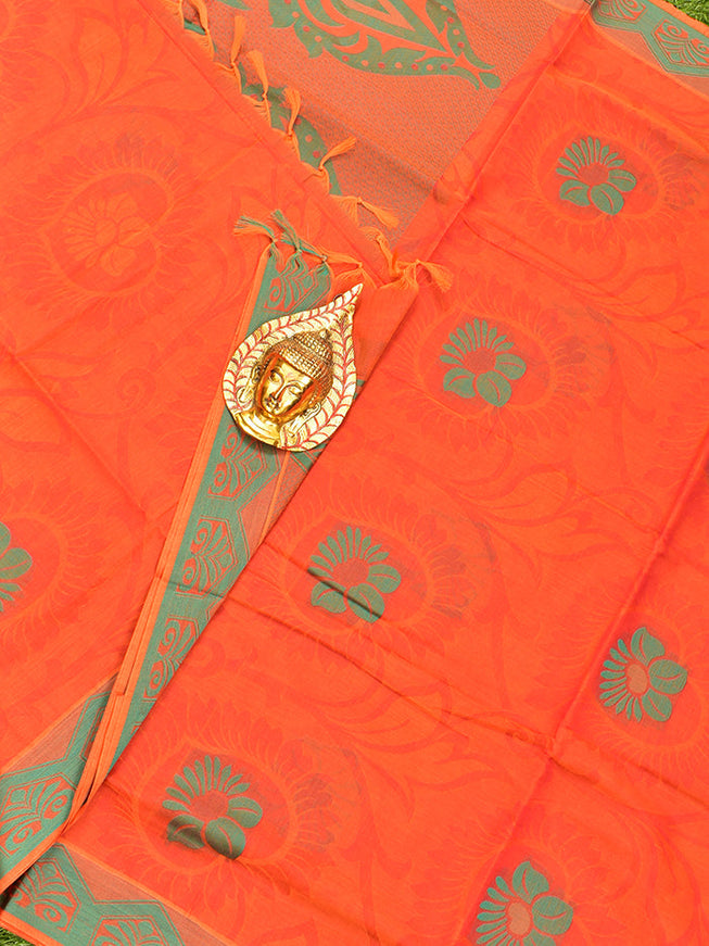 Coimbatore Cotton Orange Butta Saree with Thread Woven Border