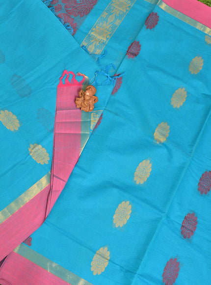 Coimbatore Cotton Blue Butta Saree with Plain Border