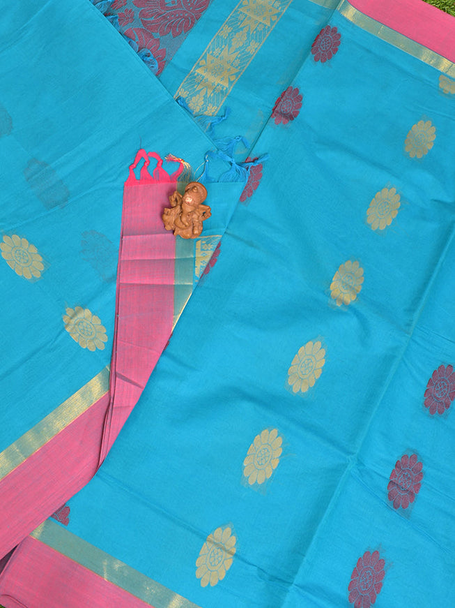 Coimbatore Cotton Blue Butta Saree with Plain Border